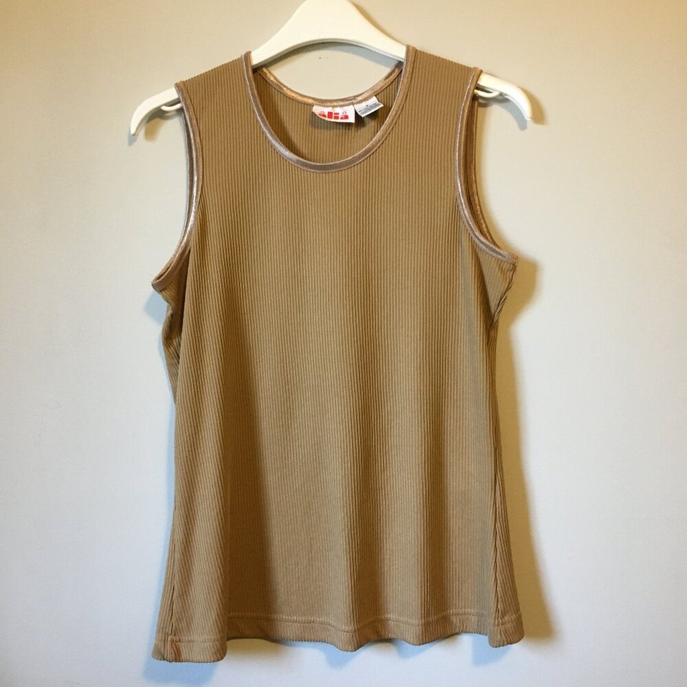 Vintage 80s Alia Camel Shiny Vertically Ribbed Stretchy Tank Top - S